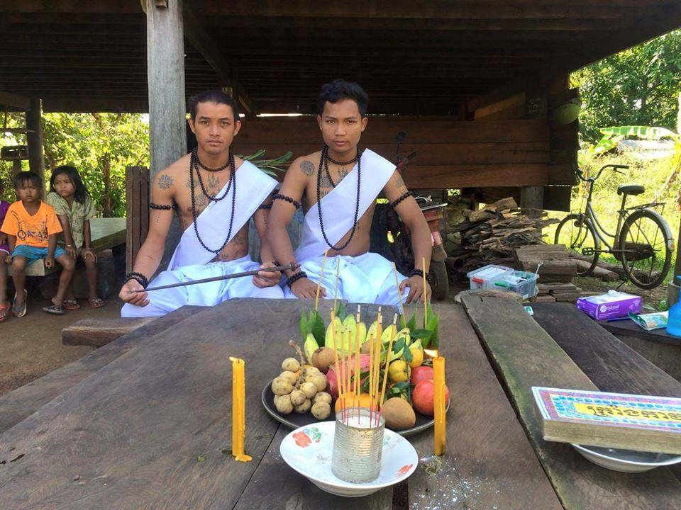 a traditional Khmer Sak Yant tattoo process requires a blessing with 7 types of fruit, flowers and incense.